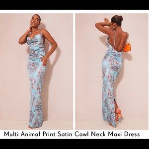 Multi Animal Print Satin Cowl Neck Maxi Dress